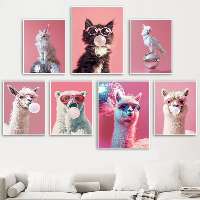 Funny Cute Animal Bubble Party Kitten Llama Koala Disco Pink Posters Prints Canvas Printing Wall Art Picture for Room Home Decor