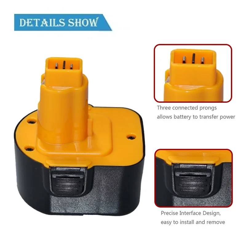 DeWalt Ni-MH 교체 배터리, DeWalt DW9072 DW9071 DE9074 DE9037 DE9071 DE9072 DE9075 DC981KA, 12V, 4800mAh