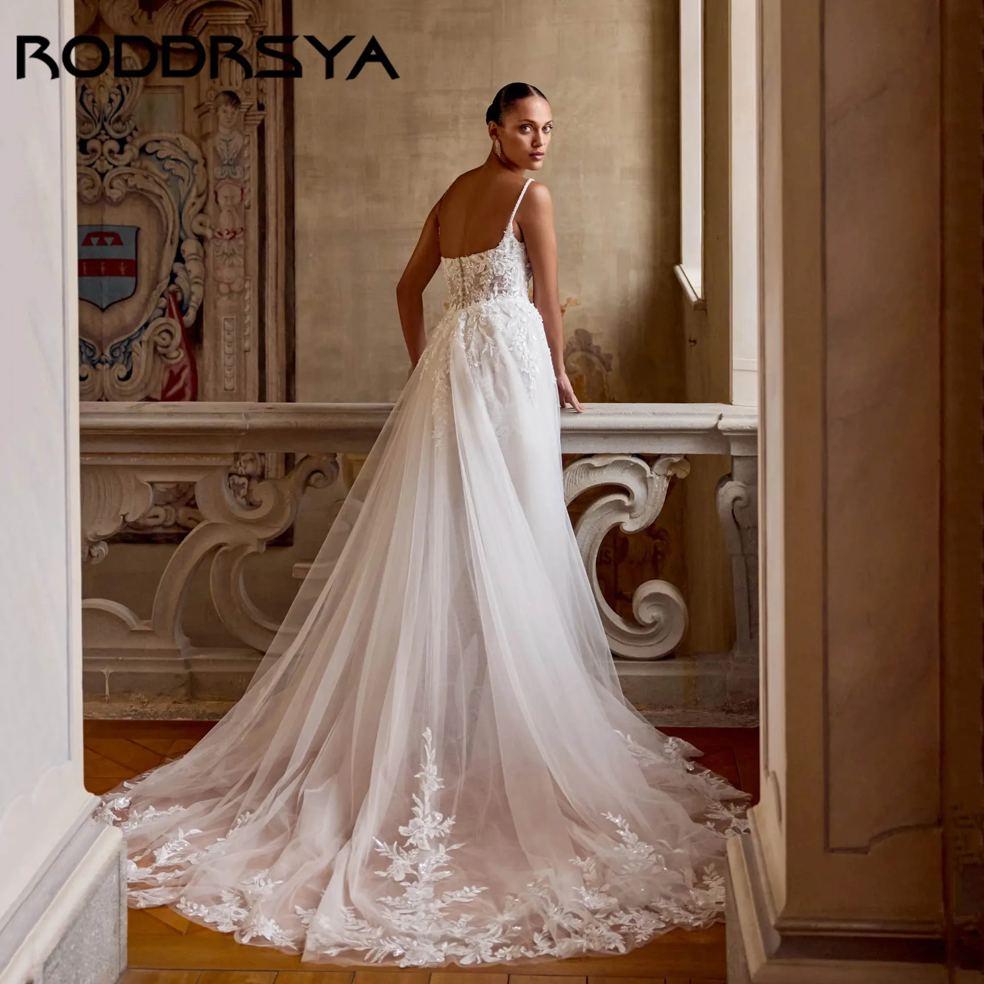 RODDRSYA Fitted Mini Wedding Dress With Detachable Train Bridal Gowns Square Neck Spaghetti Straps vestidos de novia Customized