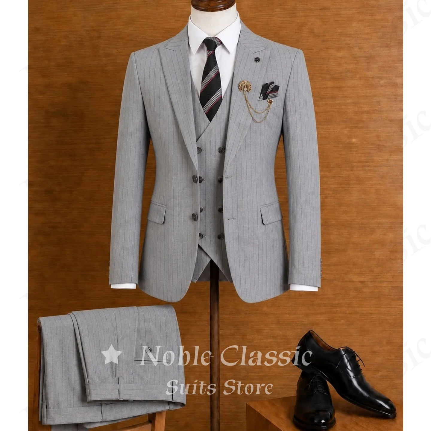Light Grey Pinstripe 3 Piece Suit Men Single Breasted Notch Lapel Blazer Waistcoat Pants Set Formal Wedding Office Customized