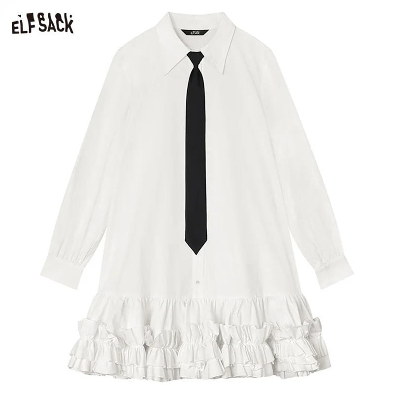 ELFSACK academic style white shirting dress for women 2024 spring new ruffle sweet contrast cake dress long sleeve A pendulum lo