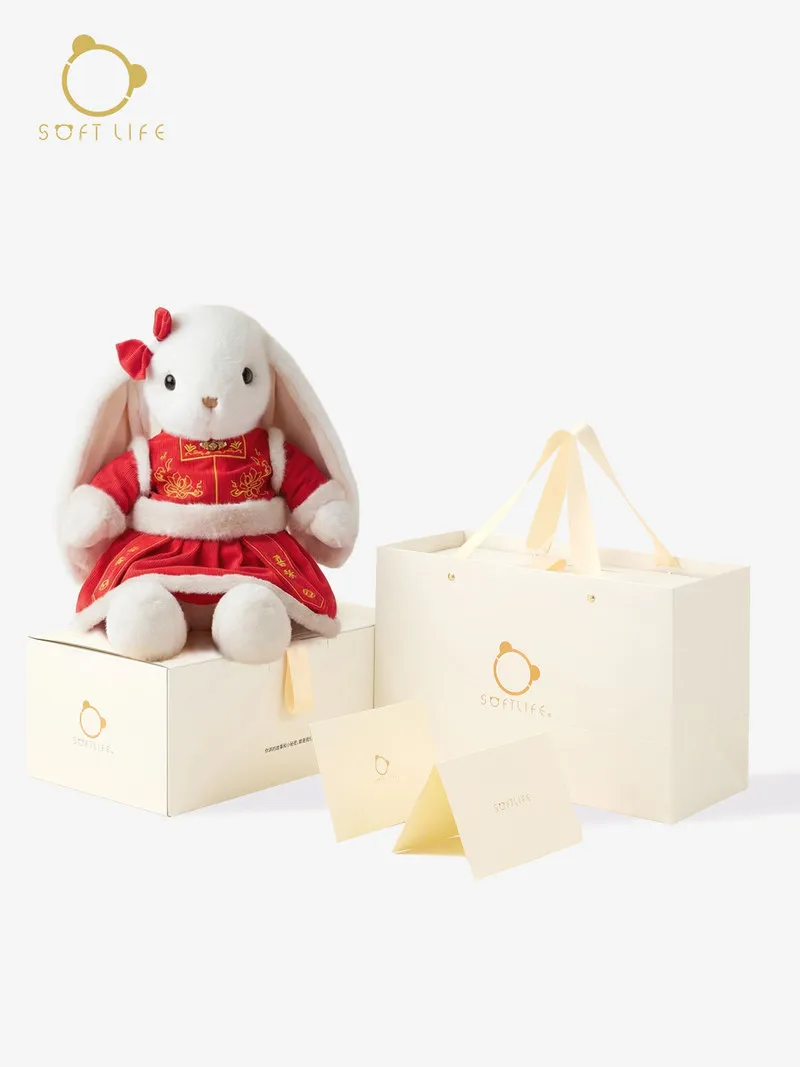 

Soft Life Chinese New Year Limited Rabbit Plush Toy Long Ear Bunny Red Chinese Outfit Sleep Comforting Holiday Gift For Kids
