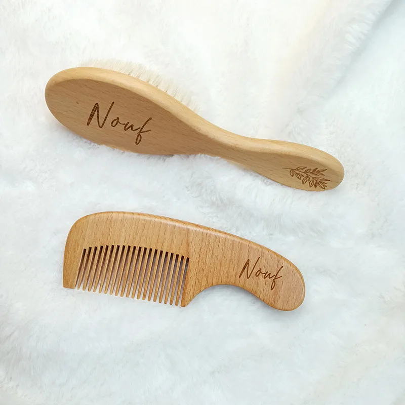 Baby Hair Brush And Comb Custom Baby Wooden Hair Brushes for Kids Comb Set Goat Hairbrush Wood Combs Birthday Baby Shower Gifts