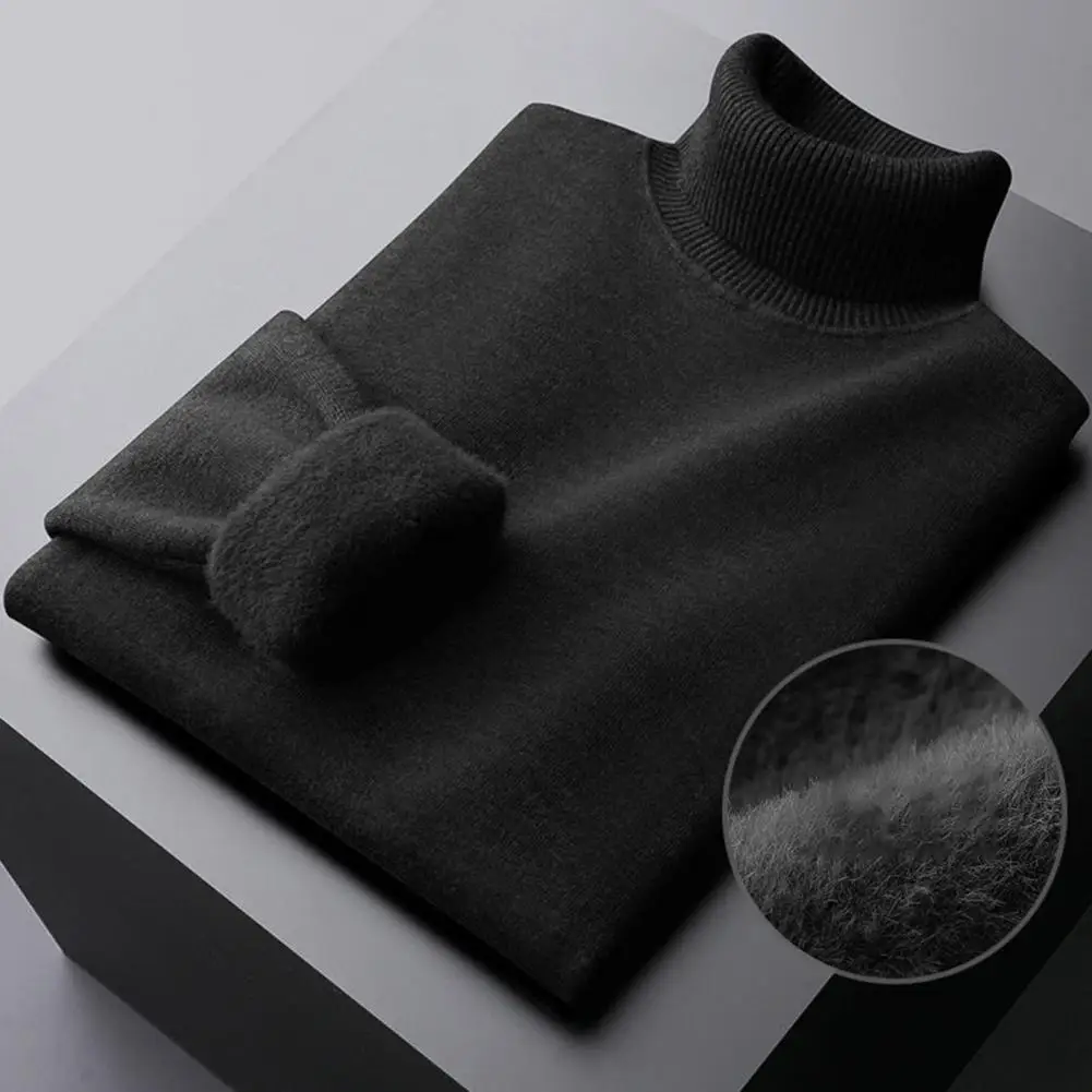 Men Sweater Half Turtleneck Sweater Men's Half-high Collar Knit Sweater with Plush Lining Elastic Long Sleeves Solid for Daily