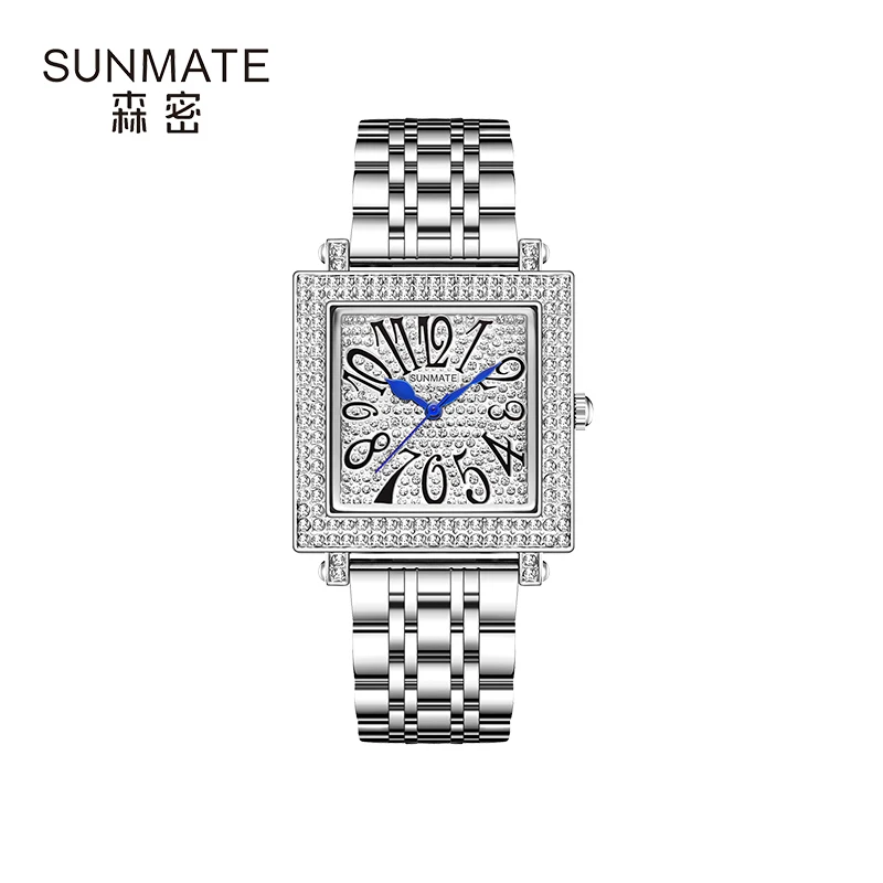 2025 Hot Selling Brand SUNMATE Stainless Steel Strap Watch Women Luxury Gift Quartz Watch Student Fashion Diamond Square Watch