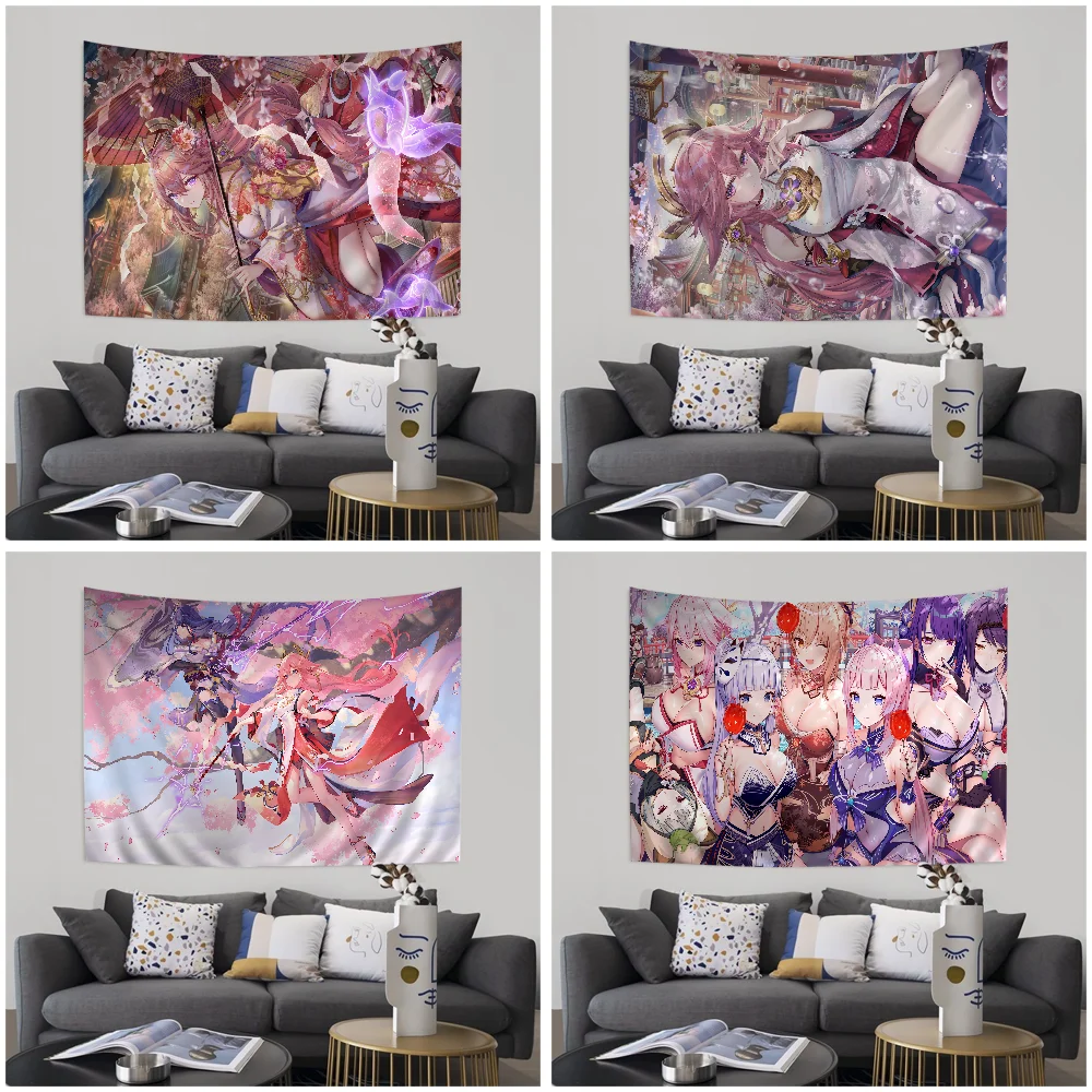 Cute Anime G-Genshin I-Impact Y-Yae M-Miko Hippie Wall Hanging Tapestries Bohemian Wall Tapestries Mandala INS Home Decor