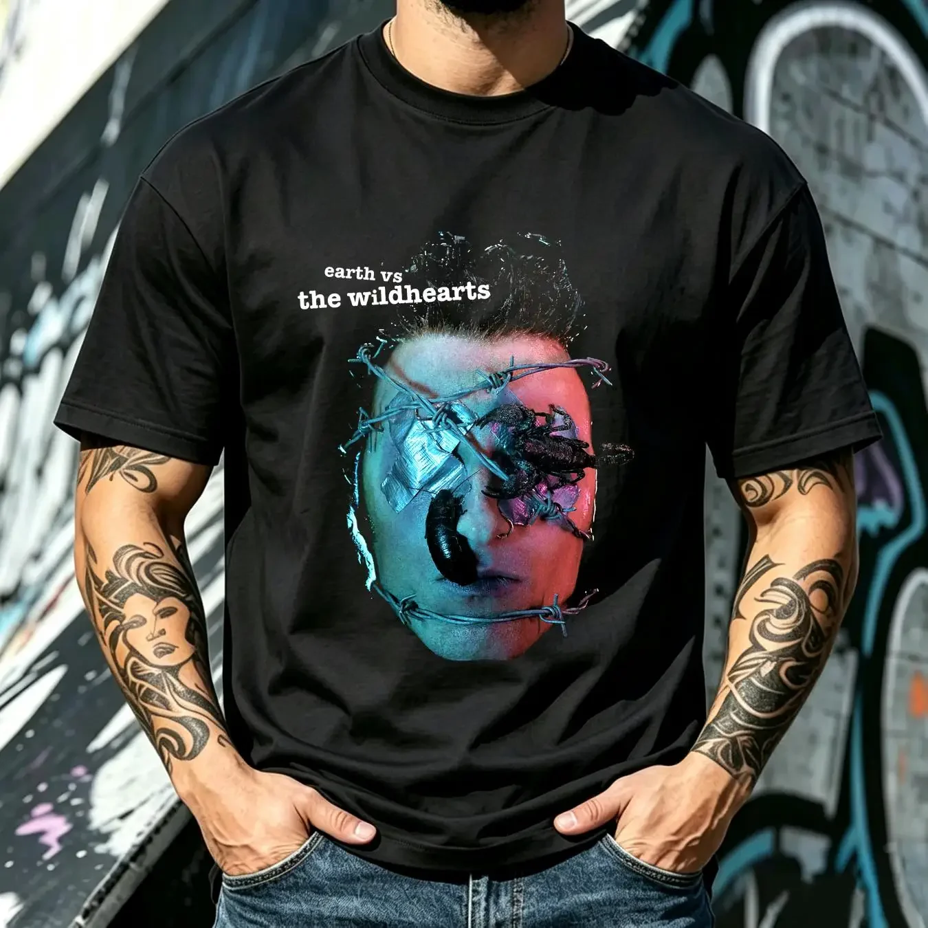 washed T Shirt The Wildhearts 'Earth Vs wildhearts' NEW OFFICIAL vintage Washed Slightly Top For Everyday Wear Unisex fashion