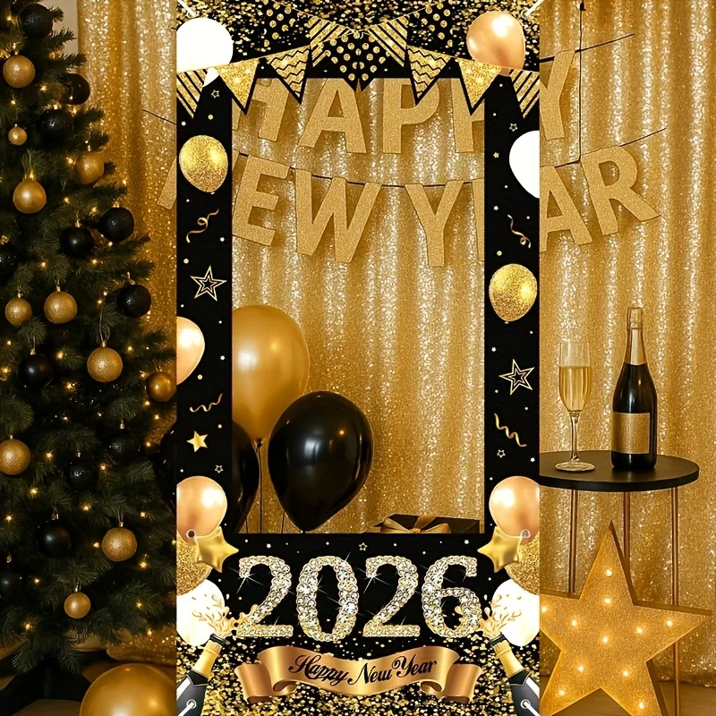 1 Stück 2026 Neujahrsthema Schwarzgold Fotohintergrund Schwarzgold Thema 2026 Neujahrsparty Hintergrund Dekoration Prop Party