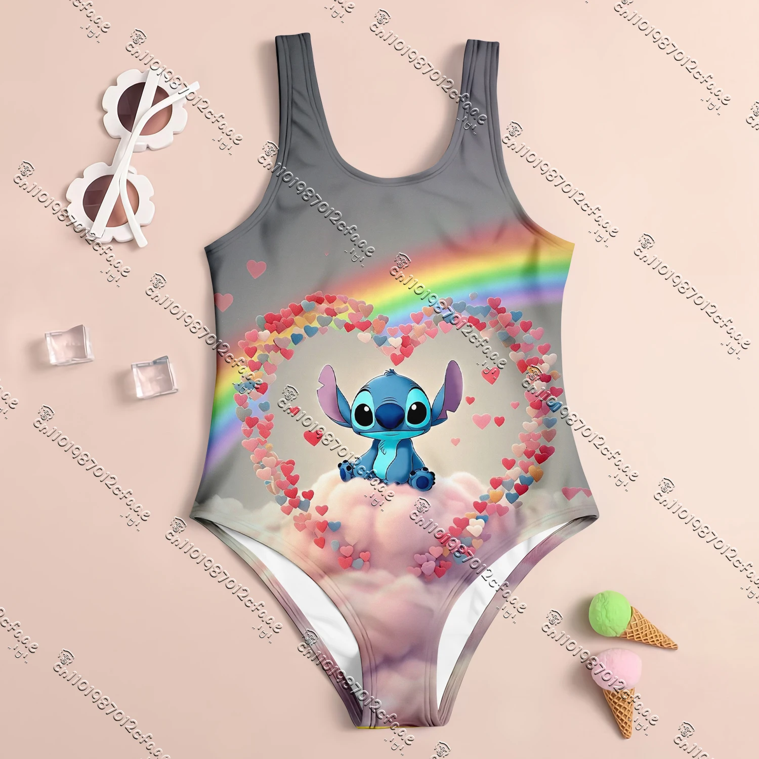 

25-26 Miniso Love Stitch Цельный купальник с 3d принтом, летний женский купальник для девочек, дышащая, быстросохнущая, морская одежда