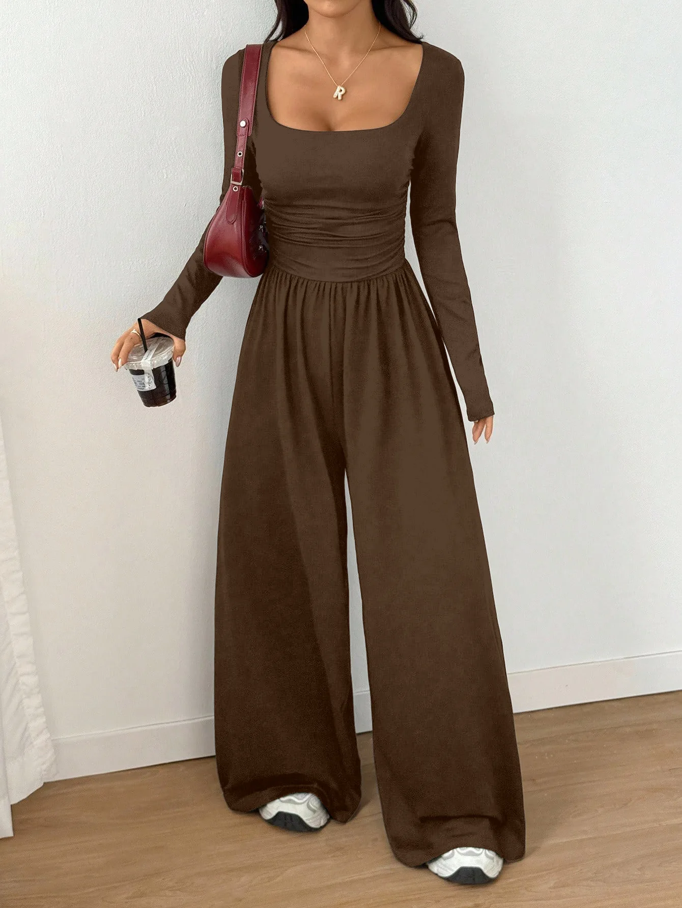 Square Collar Long Sleeved Jumpsuit Women's Waist Cinched Wide Leg Pants Casual High Waisted Slimming Clothes