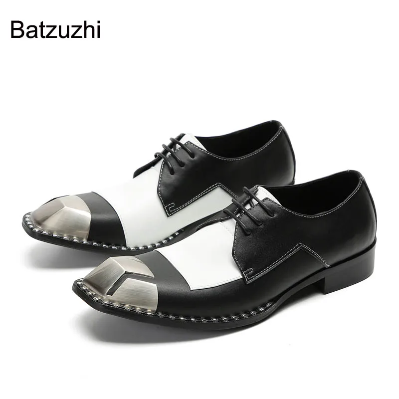 Batzuzhi Silver Metal Tip Black and White Genuine Leather Dress Shoes Men Lace-up Business, Party, Wedding Shoes Men! Big Sizes