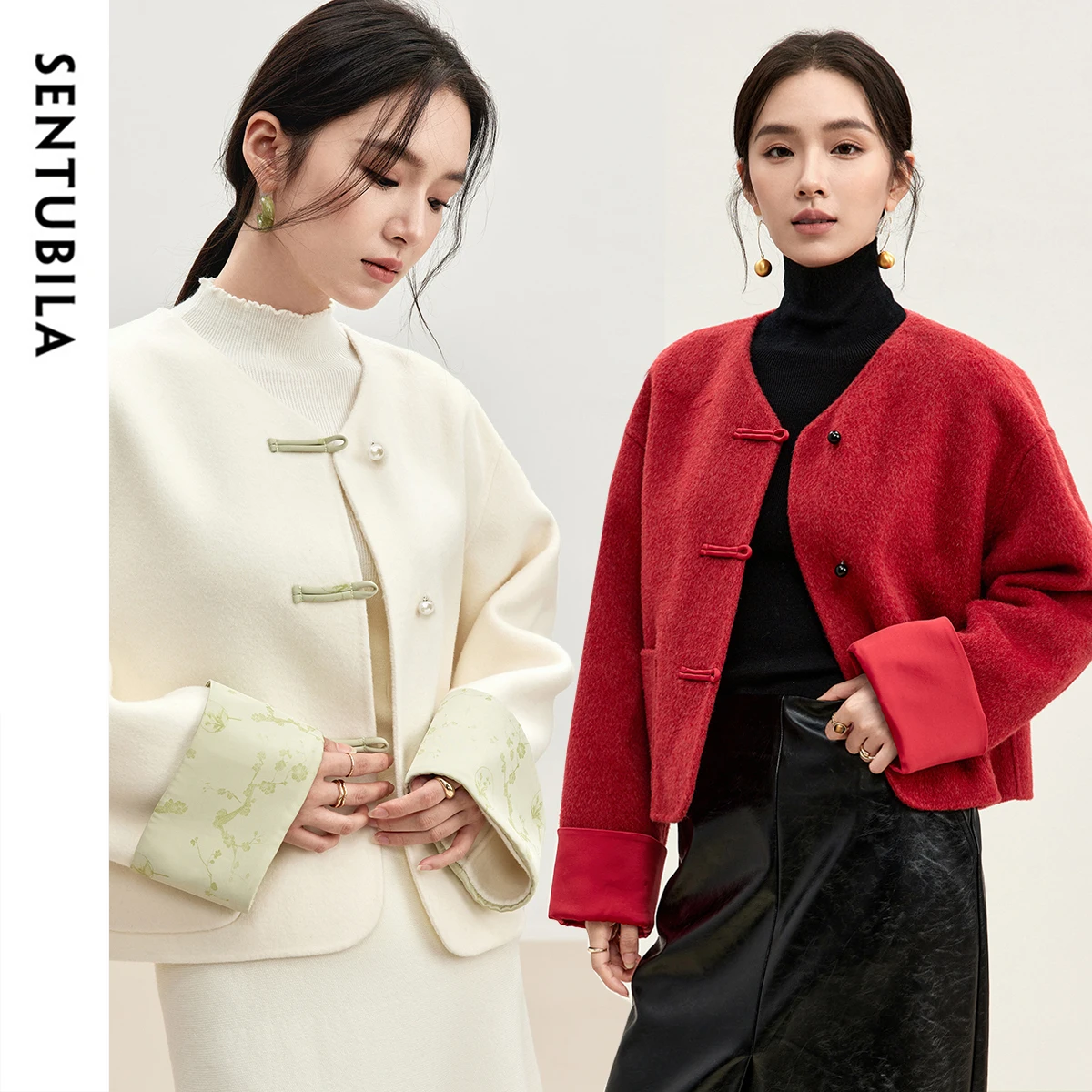 

SENTUBILA Modern Chinese-Style Wool Coat Women 2025 Winter Commute Jackets V-neck Single Breasted Female Outerwear W44O56127