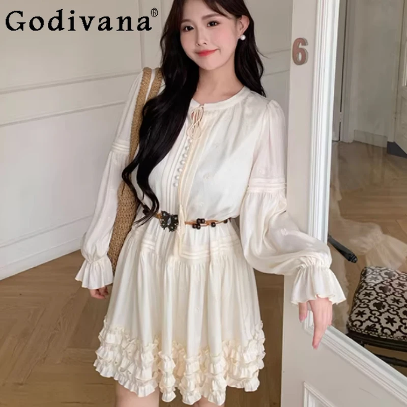 

Spring Autumn Large Size Women French Court Retro Lace-Up Cake Dress Fashion High Waist A-line Crew Neck Long Sleeve Dresses