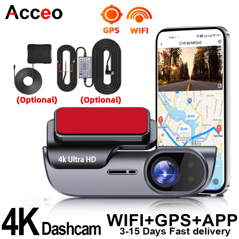 

Видеорегистратор ACCEO 4K с ночным видением, GPS, Wi-Fi, поддержкой круглосуточной записи парковки, циклической записью и функцией черного ящика для автомобиля