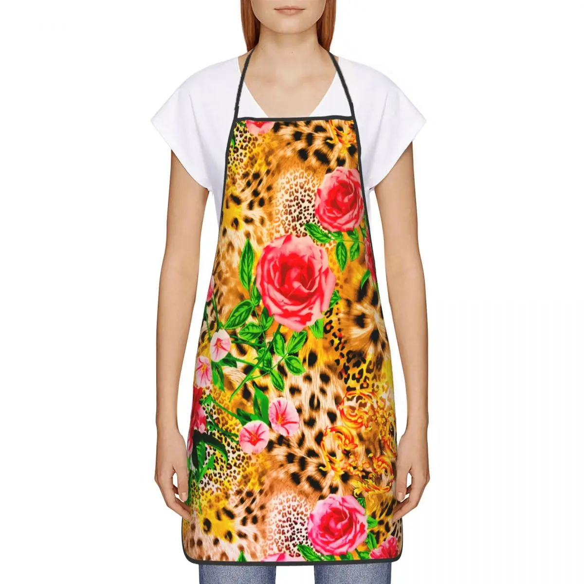 Custom Unisex Flowers With Leopard Print Kitchen Chef Cooking Baking Apron Men Women Tablier Cuisine for Gardening