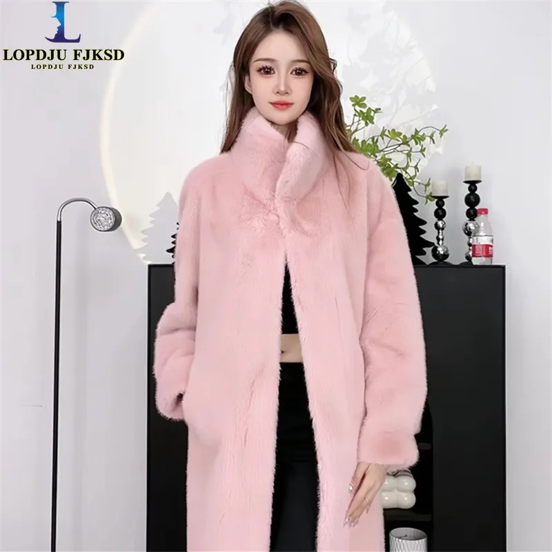 Women\'s Faux Mink Fur Coats, Covered Button Jacket, Female Loose Thick Warm Clothes,England Style,O-Neck, New, Winter, 2024