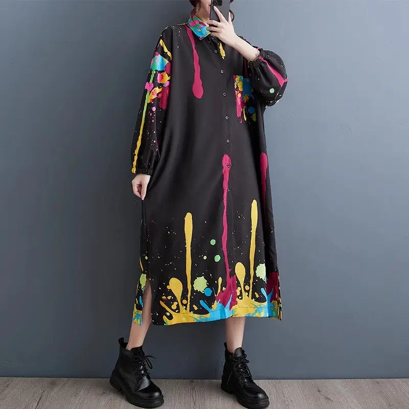 Ropa de calle para mujer, vestido Retro holgado de gran tamaño con estampado artístico de longitud media, edición coreana, otoño, Z2966, 2023