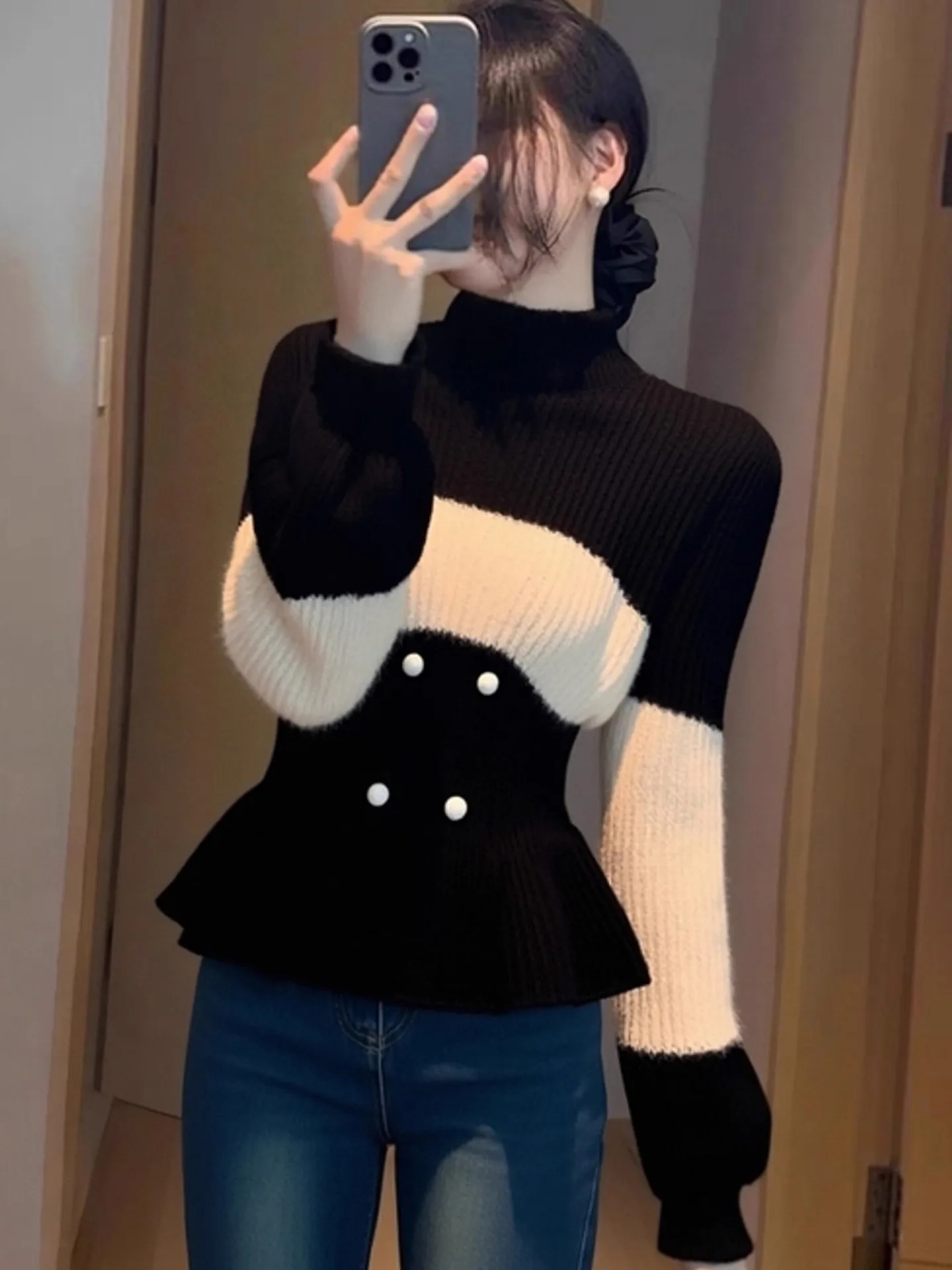 

Women's Slim Fit Long Sve Knitted Top f High Collar Lace Trim Autumn Winter Sle Commute Faion Soft Medium Knitwear