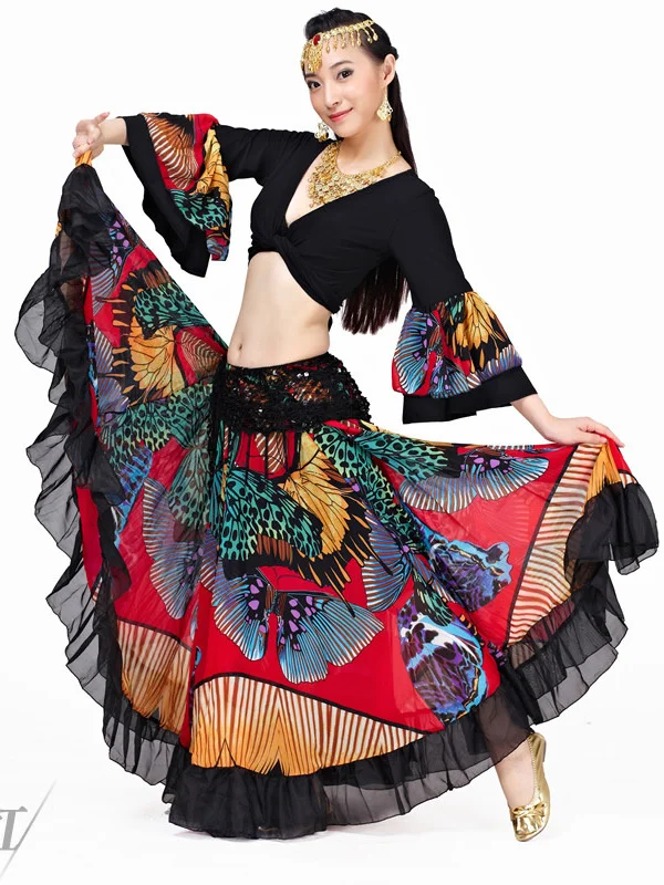 Gypsy Swing Skirt Chiffon Big Circle Belly Dance Costume Outfit Print Choli Top Wrap Blouse Horn Sleeve Dancer Performance Show