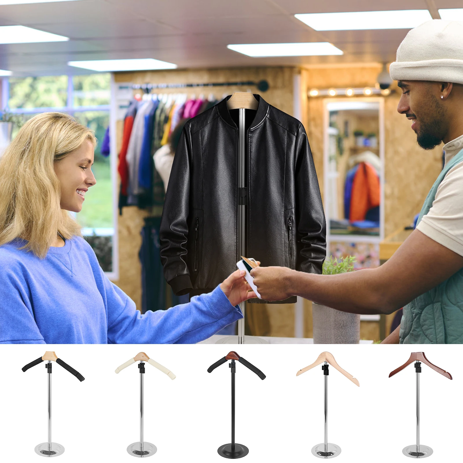 حامل عرض تي شيرت بارتفاع قابل للتعديل، حامل عرض الملابس المعدنية مع قاعدة ثابتة، ملابس معلقة متعددة الأغراض