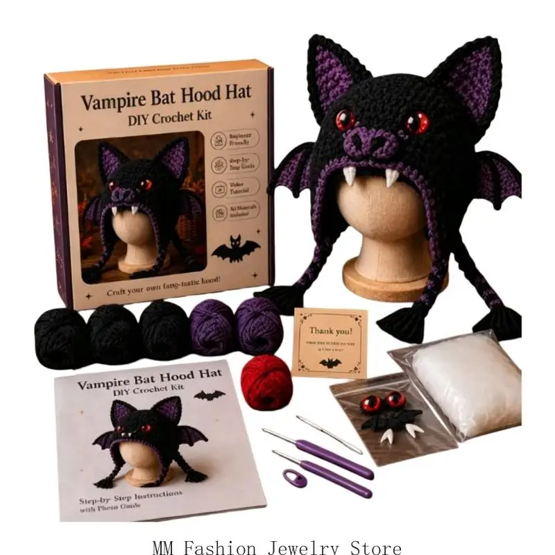 Handmade Halloween Crochet Hood Set with Yarn Hook Stuffing and Knitting Tools for DIY Cosplay Costume and Holiday Gifting D0UB