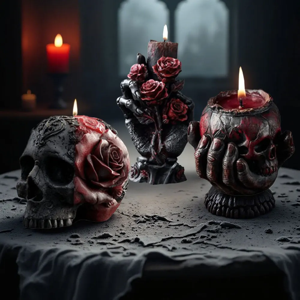 Relief Rose Schädel Silikon Kerze Form Knochen Hand Blume Säule Gips Harz Form DIY Menschliches Skelett Ton Halloween Gothic Dekor