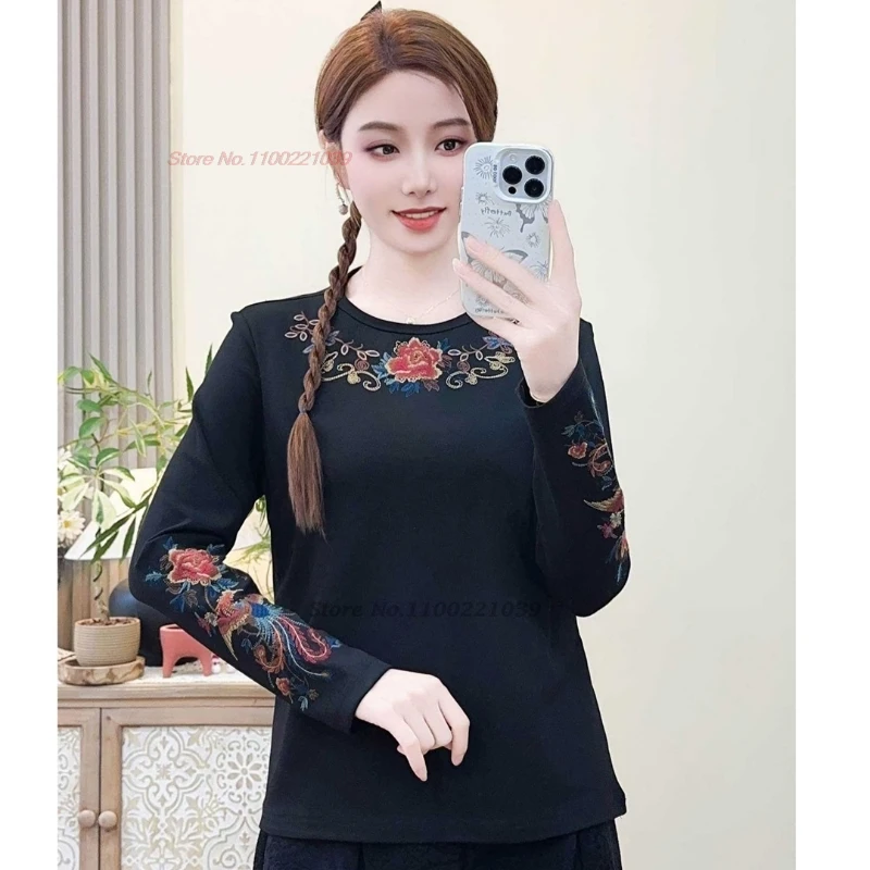 

2025 chinese traditional t-shirt national phoenix embroidery o-neck folk shirt retro vintage base shirt improved hanfu tops