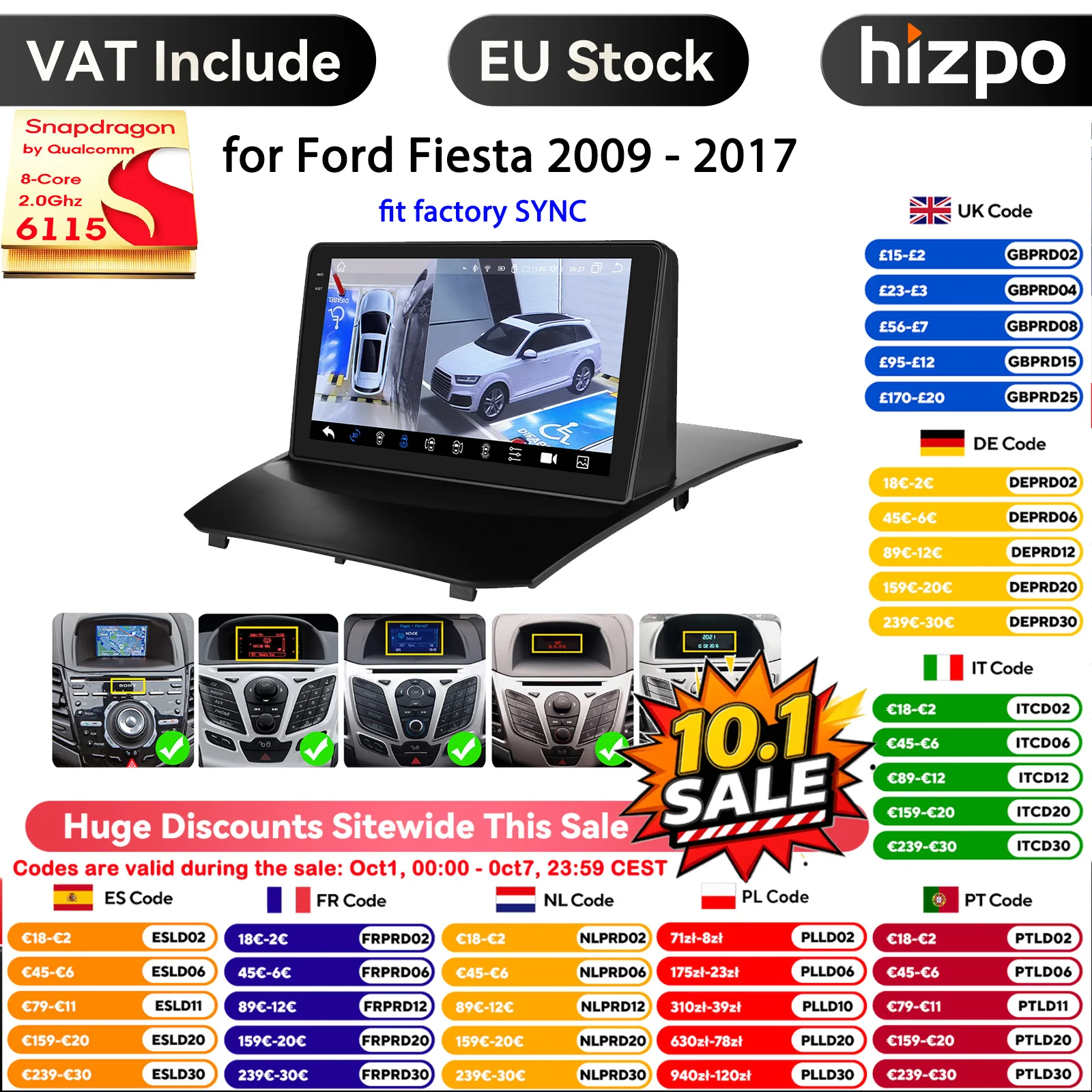 Schermo QLED da 9 pollici 2din Android autoradio lettore Video multimediale per Ford Fiesta 2009 - 2017 GPS Navi Carplay Auto 4G LTE RDS AI