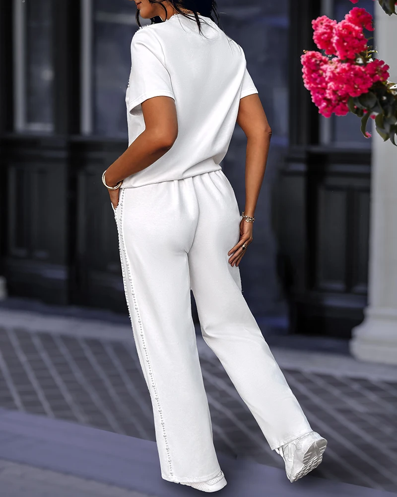 Two Piece Set Women Outfit 2025 Spring New Round Neck Short Sleeve Pearls Decor T-Shirt & High Waist Shirred Pants with Pocket