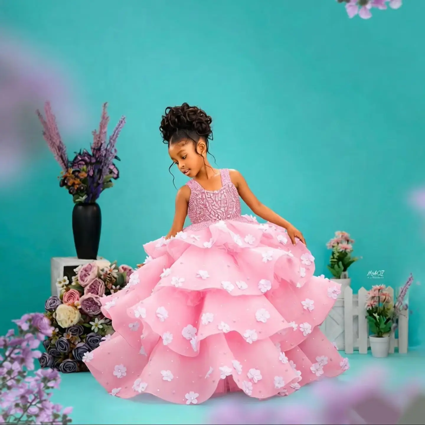 Cswdocy Princess Gorgeous Flower Girl Dress Princess Crystal 3D Floral Girls Birthday Party Kids Pageant Ball Gowns Customized
