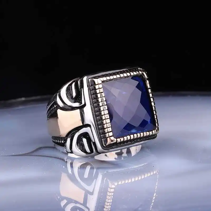 ​Silver Square Faceted Navy Blue Stone Men's Ring - 925 Sterling Men's Jewelry Wedding Birthday Gift - Box - Stone - For Men - Fashion - Botiva - Size - Turkish - Patterned Embroidery