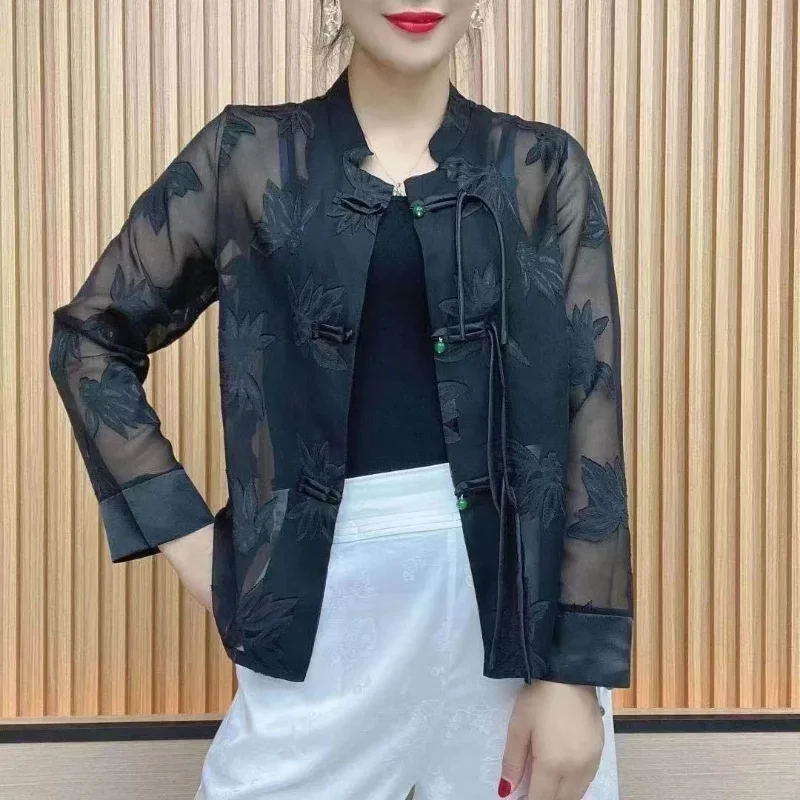 جديد الصيف النمط الصيني مشبك الوقوف طوق موضة بلون الجاكار تنوعا بأكمام طويلة النمط الصيني قميص غير رسمي