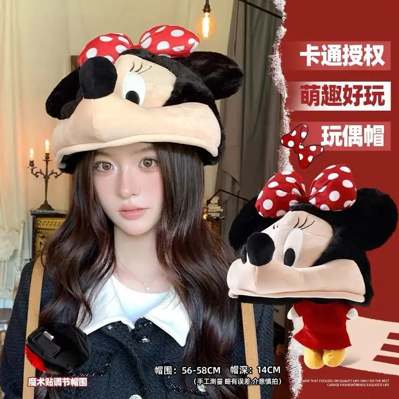 Gorro de peluche de Mickey Minnie de Disney para otoño e invierno, pareja bestie, viaje, toma una foto, capucha, orejeras, regalo para niña, kawaii
