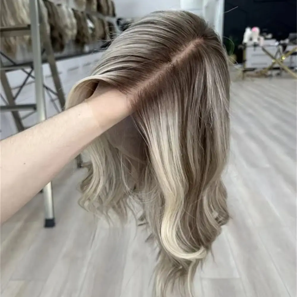 Dark Ash Blonde Brown Highlights Synthetic Lace Front Wig Short Cut Loose Wave Glueless Wigs Original Factory Wigs Small Cap Siz