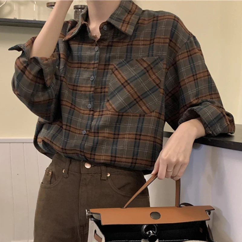 Alle Match Mix Kleur Geruite Shirts Vrouwen Herfst Winter Single Breasted Lange Mouw Vrouw Turn Down Kraag Blouses Vrouwelijke