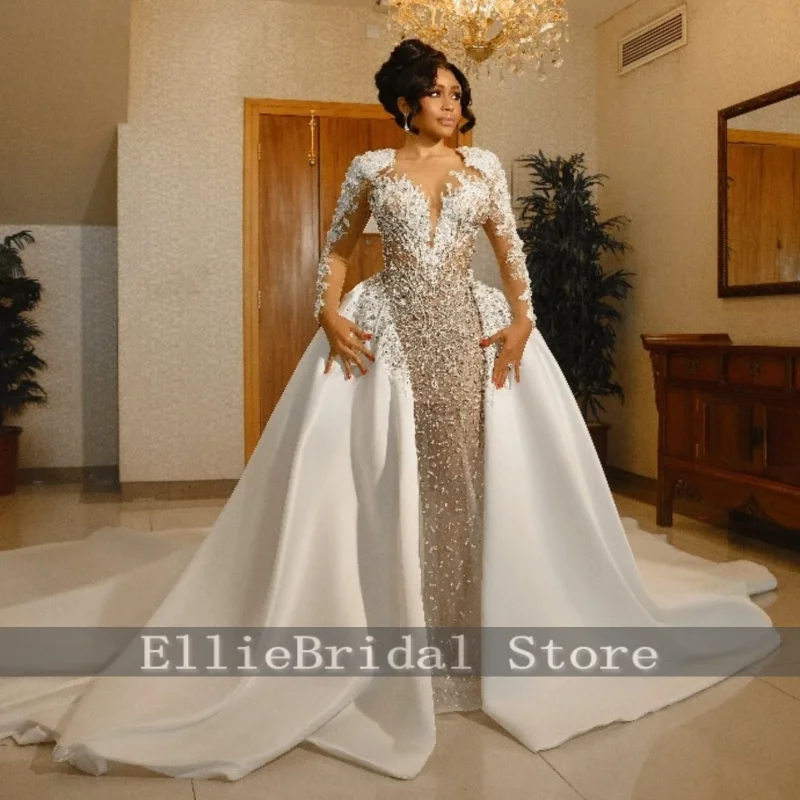 Designer Overskirt Wedding Dresses Long Sleeve Applique Sheer Neck Mermaid Bridal Gowns Scoop vestido de novia boda Customized