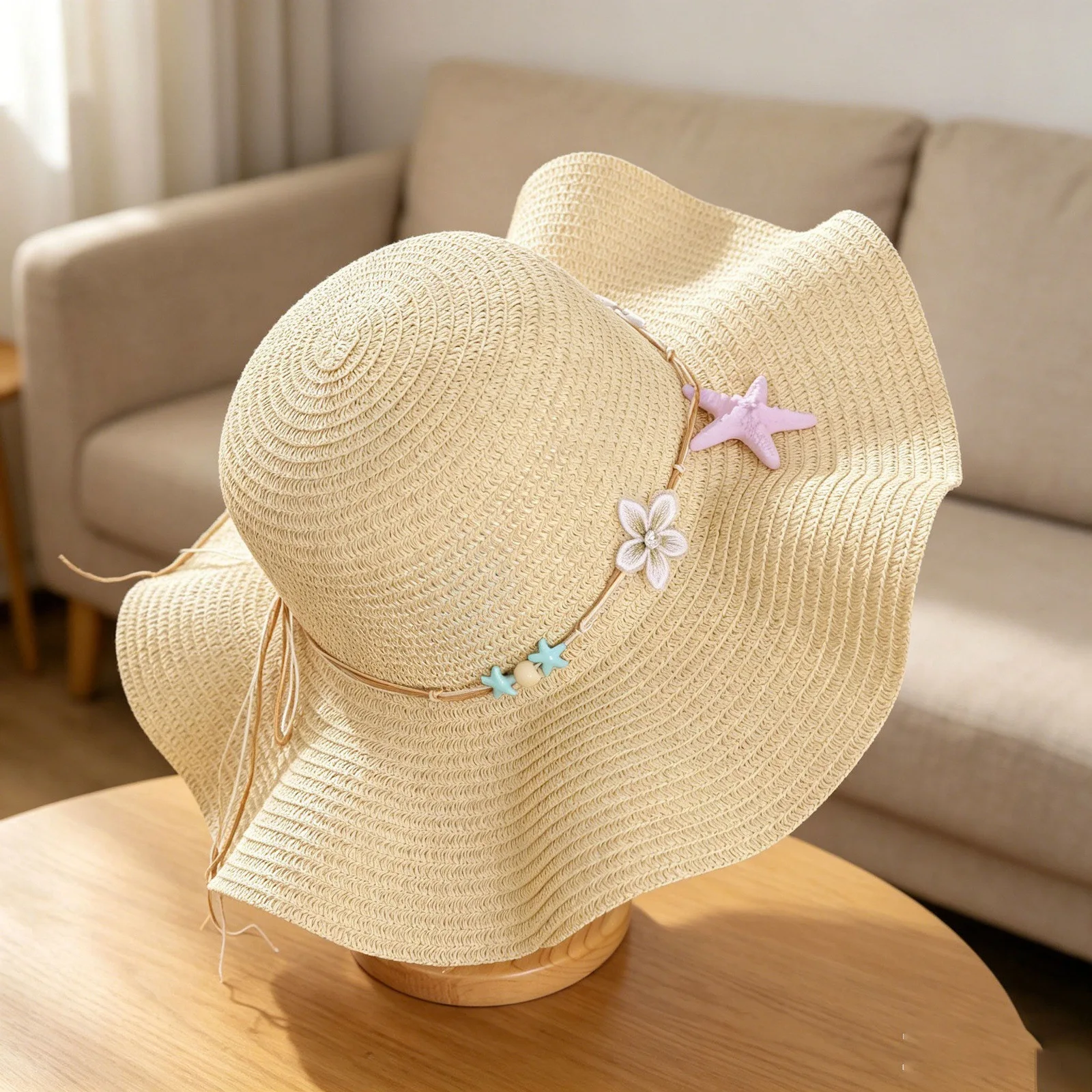 Women's Beach Vacation Wide-Brimmed Straw Hat with Starfish and Flower Decorations, Adjustable Straw Sun Hat, Outdoor Picnic Sun Protection Wide-Brimmed Sun Hat, Versatile Vacation Beach Hat, Available in Three Colors