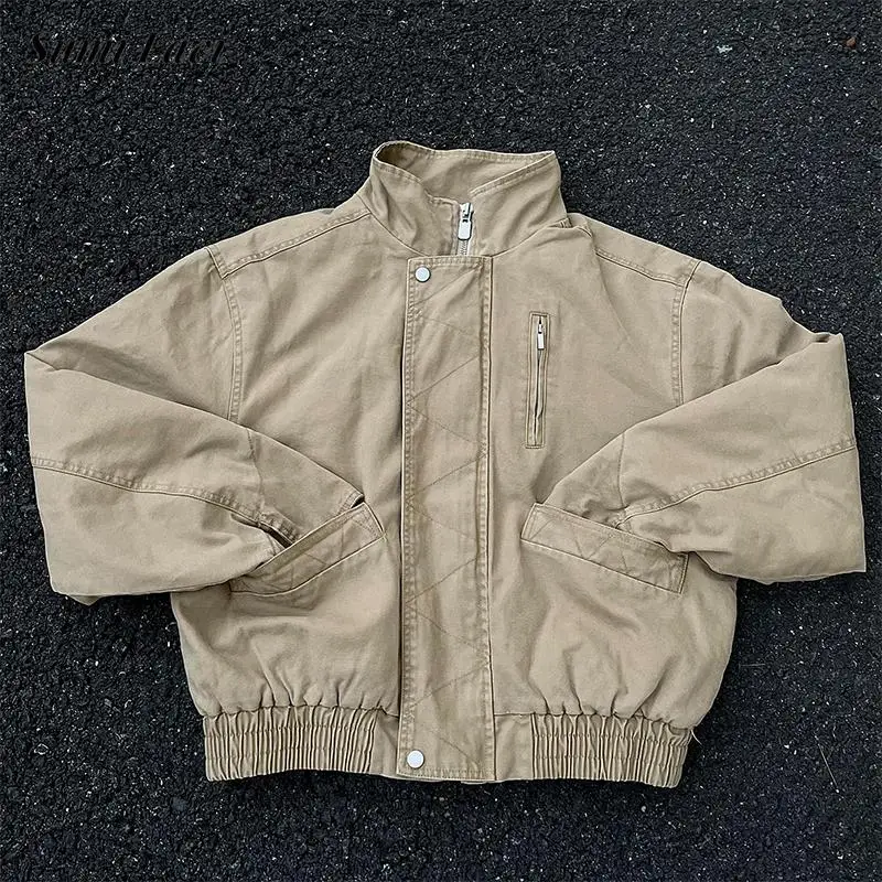 

Vintage Stand Collar Zipper Jackets For Mens Autumn Winter Fashion Solid Color Crop Jacket Coats Men New Casual Short Outerwear