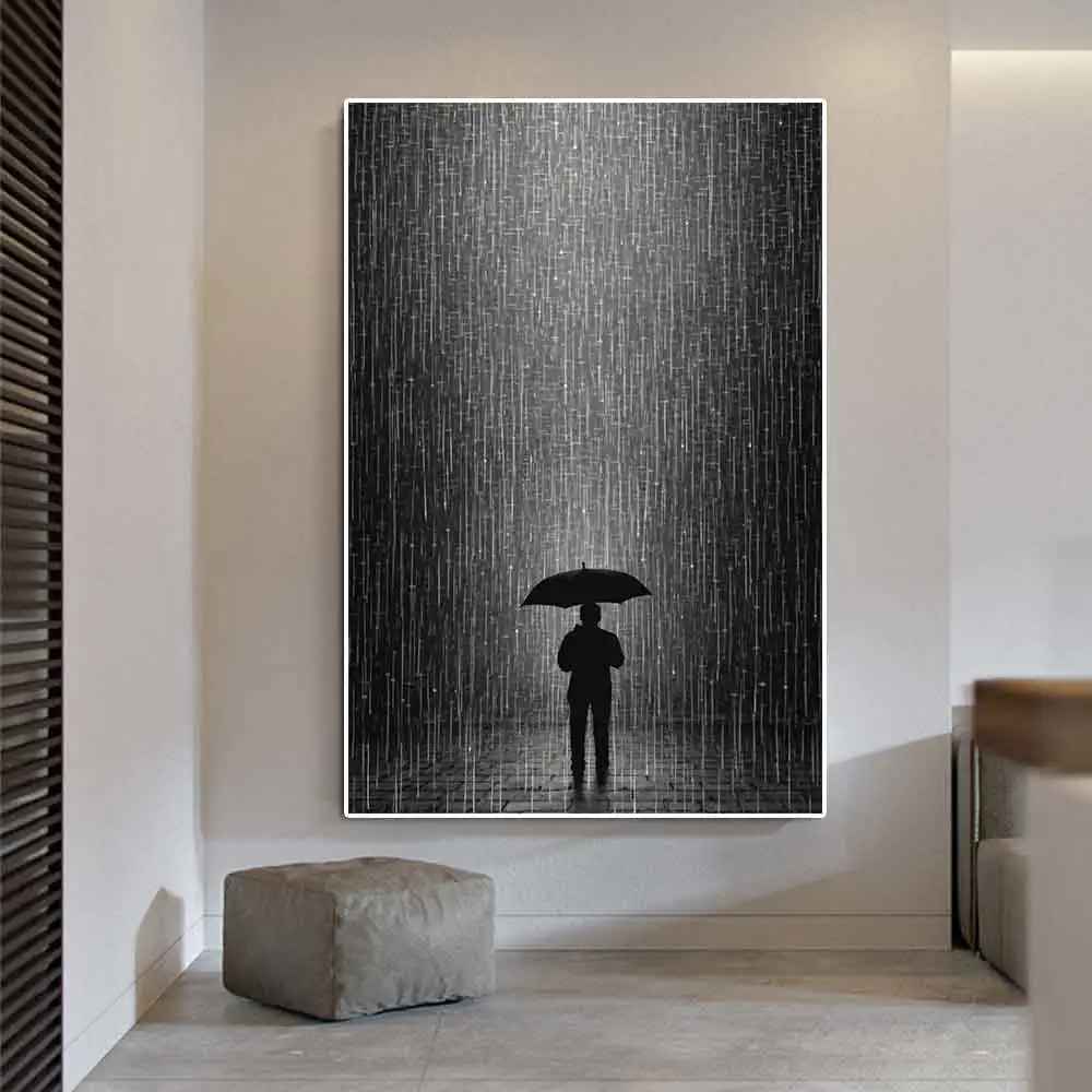 Abstract Standing In The Rain Poster Man With Umbrella Print Modern Trendy Canvas Painting Minimalism Wall Art Living Room Decor