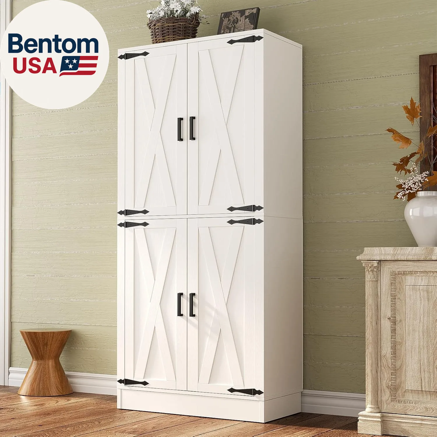 

Kitchen Pantry Storage Cabinet with Farmhouse Barn Doors and Storage Drawer, 4 A