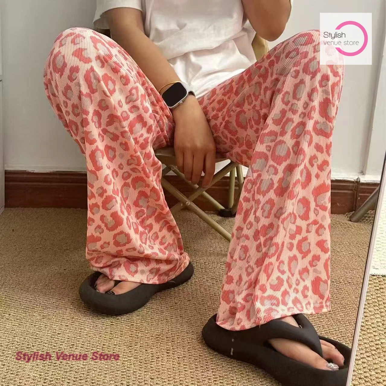 

korean style polka-dot Plaid Joker Ice Silk Thread Wide-leg Pants Women's Summer Thin Fashion Casual Straight Mopping Pants