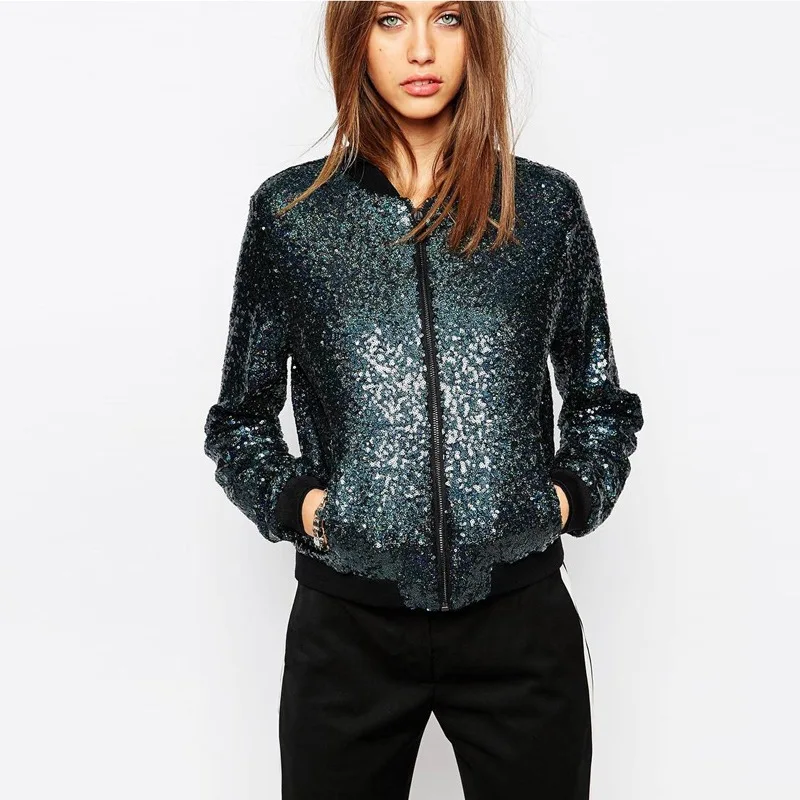 Giacca da donna con paillettes lucide giacca da Baseball a righe a contrasto cappotto Casual con cerniera Street Wear