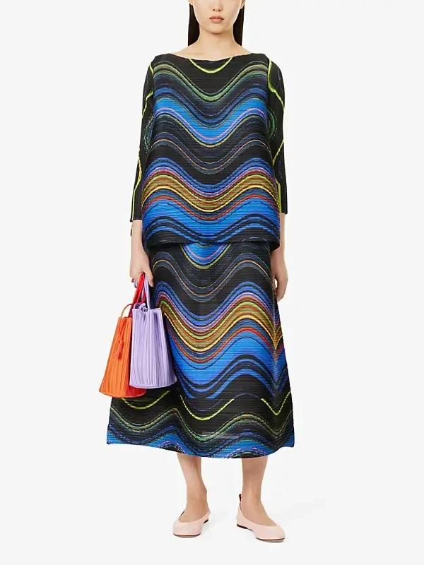 YUDX Pleats Multicolour Striped Printed Warp Pleated A-Line Skirt Women Korean Fashion Round Neck Long Sleeves Straight Tops