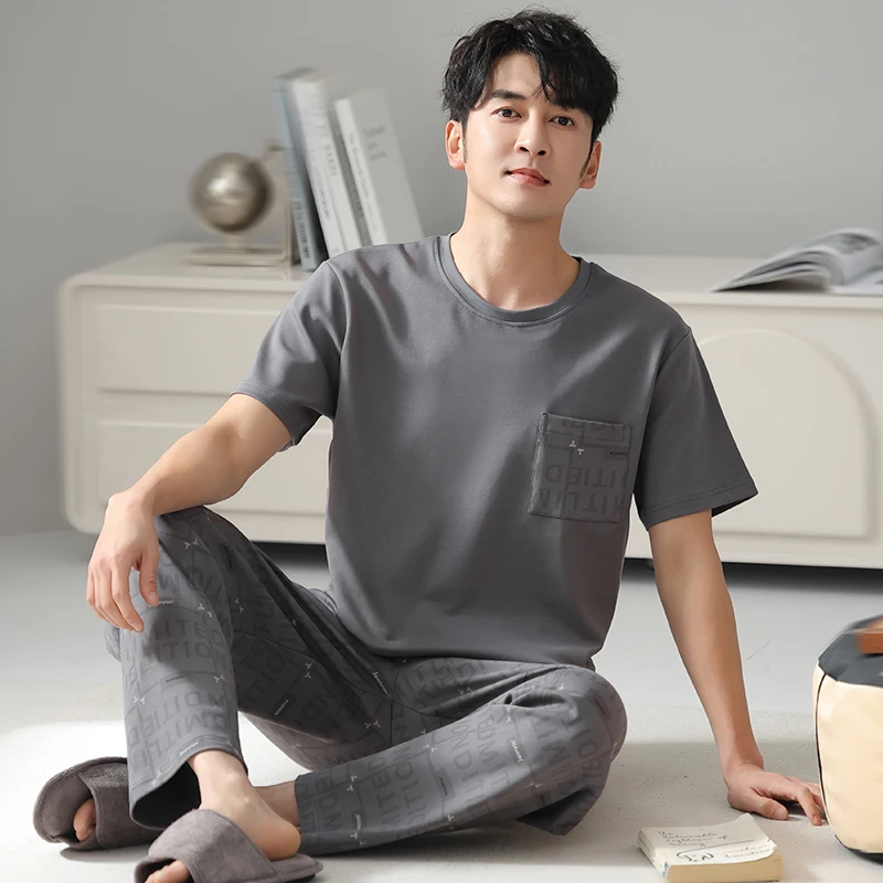 Big Size M-4XL Men Short Sleeve +Long Pant Pajamas Set Summer 100% Cotton Pyjama Male Casual Solid Sleepwear