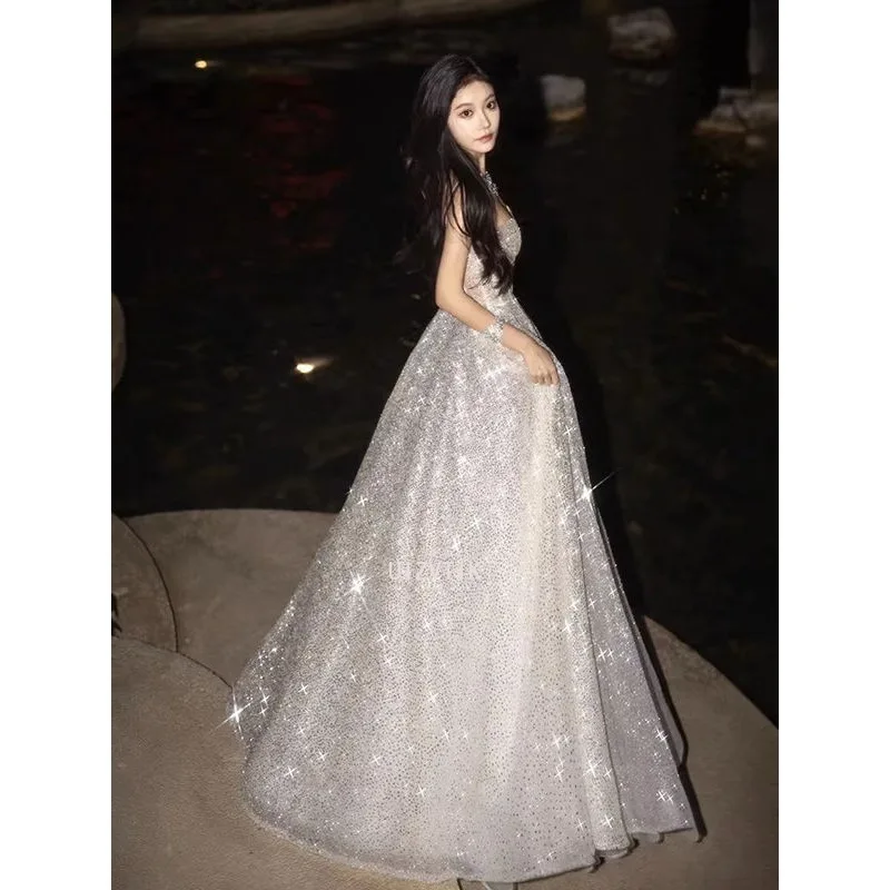 Silver Long Evening Party Gown Wedding Dresses Luxury Women Sequined Princess Style Prom Dress Elegant Formal Occasion Dress