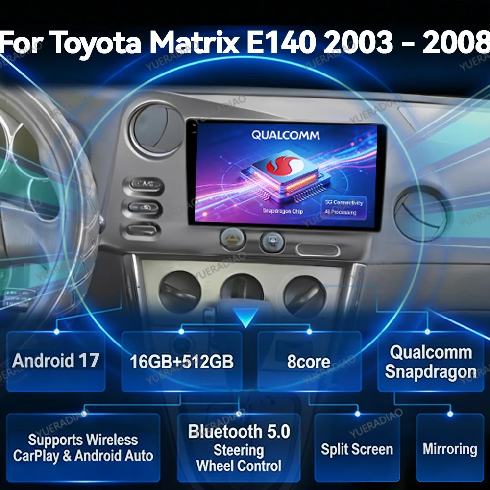 Radio para Auto Android 17 para PONTIAC Vibe 2003 2004, para Toyota Corolla Matrix E140 2003 - 2008, Mirror Link, Carplay, FM, SWC