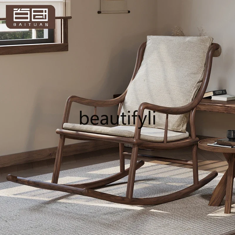

A26 New Chinese solid wood rocking chair North American black walnut rocking chair, adult balcony lazy chair