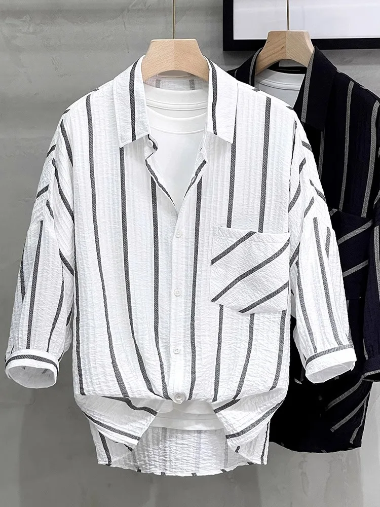 

Loose Fit Ice Silk Men's irt ort Sve Striped Casual Summer Faion Breathable Comfortable Youth ular Sle
