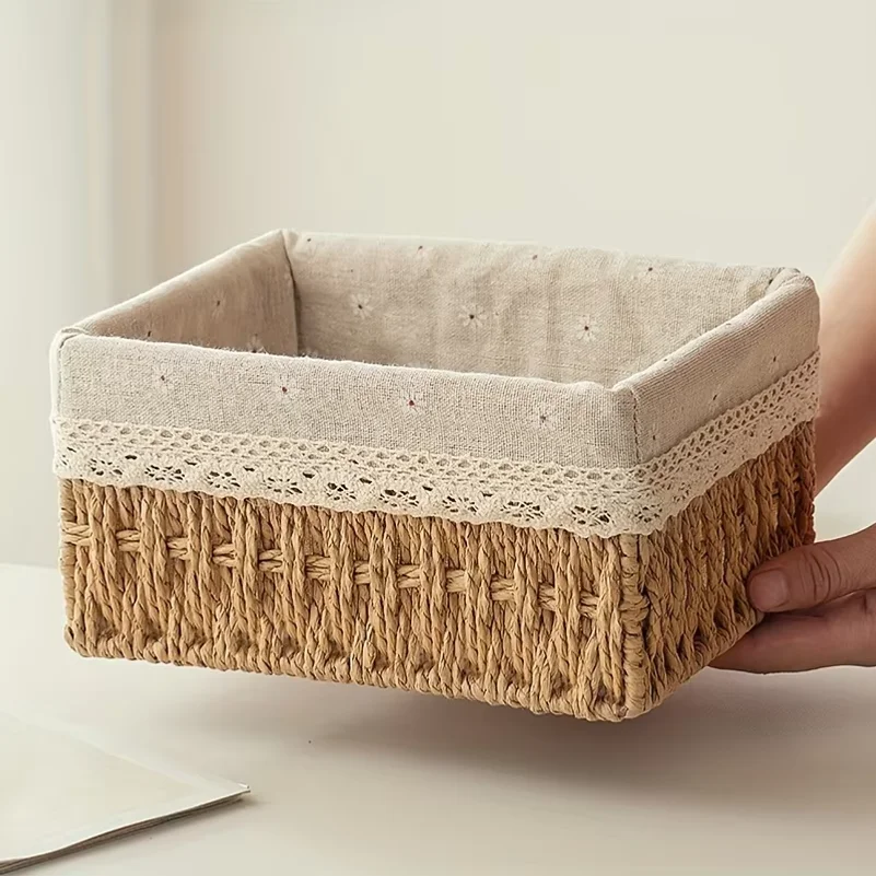 Handmade Rattan Storage Basket, Desktop Rattan Storage Basket With Removable Lace Lining, Suitable For Cosmetic Storage