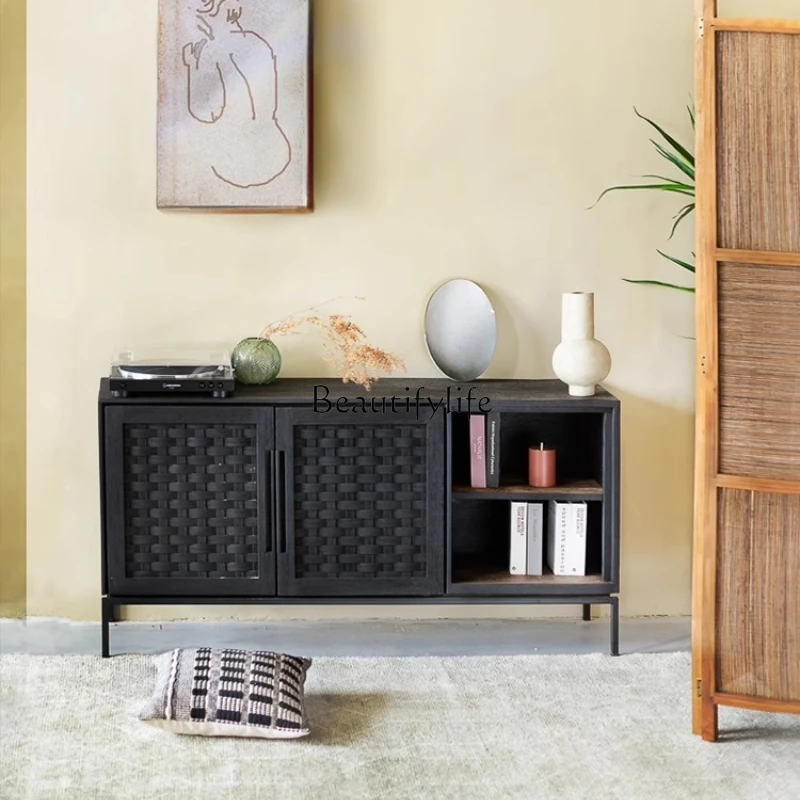 

05-*Medieval wabi-sabi wind minimalist solid wood locker storage hand-Italian simple pure hand-woven rattan side cabinet